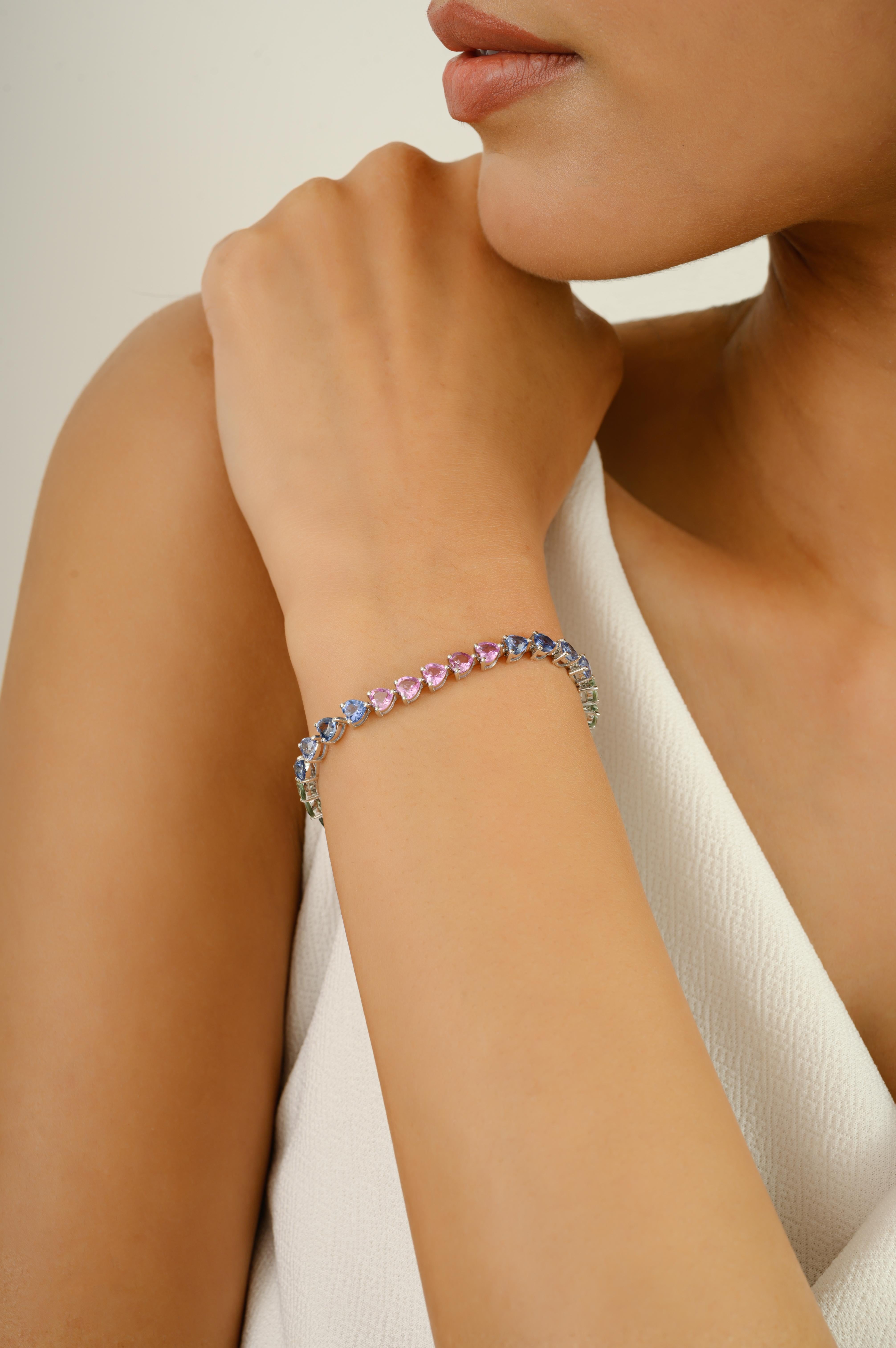 Heart Cut VR Jewels 14k White Gold Certified 11.33CTW Heart Multi Sapphire Tennis Bracelet For Sale