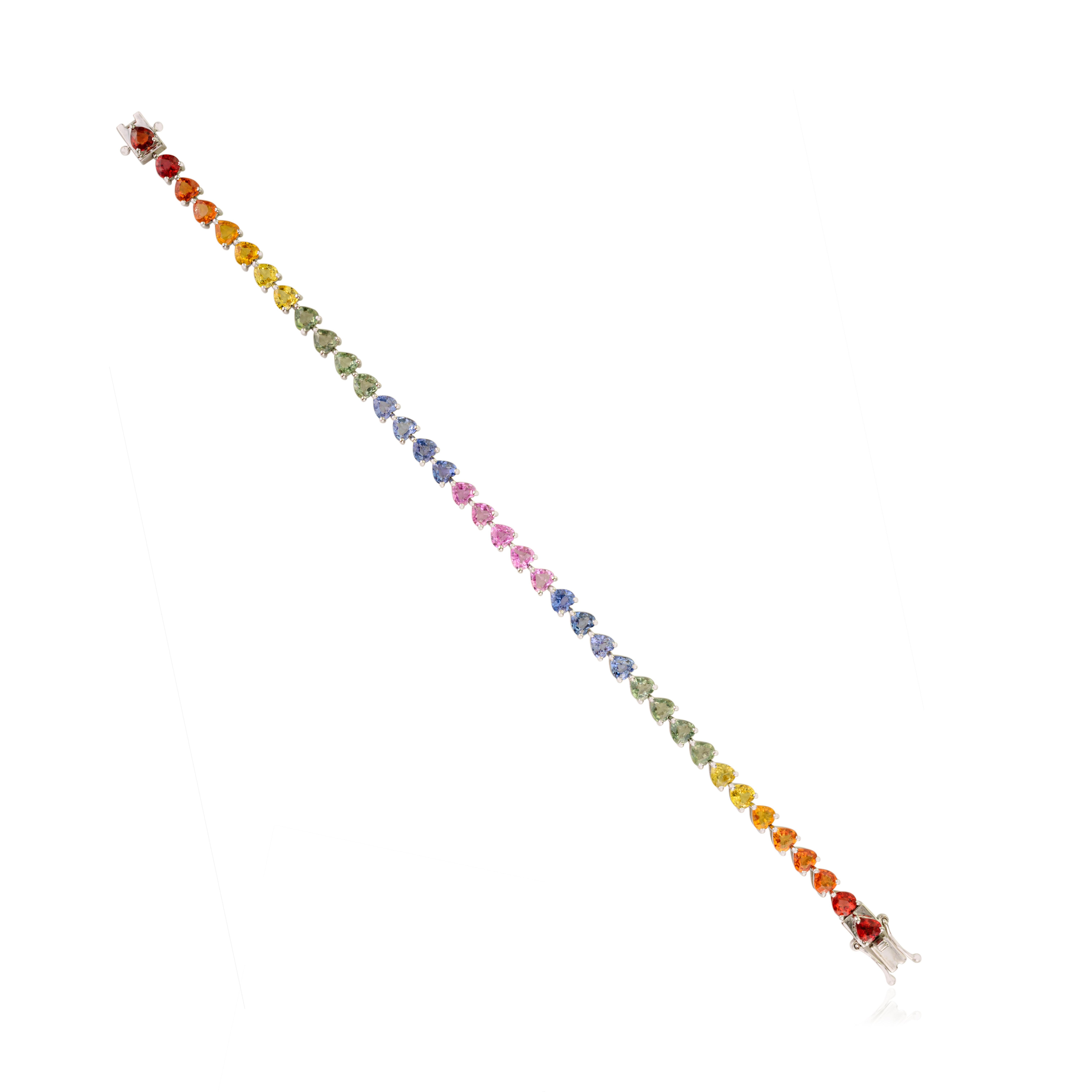 Bracciale tennis in oro bianco 14k certificato 11,33 CTW con cuore e zaffiri multipli per lei In condizioni Nuovo in vendita a New York, NY