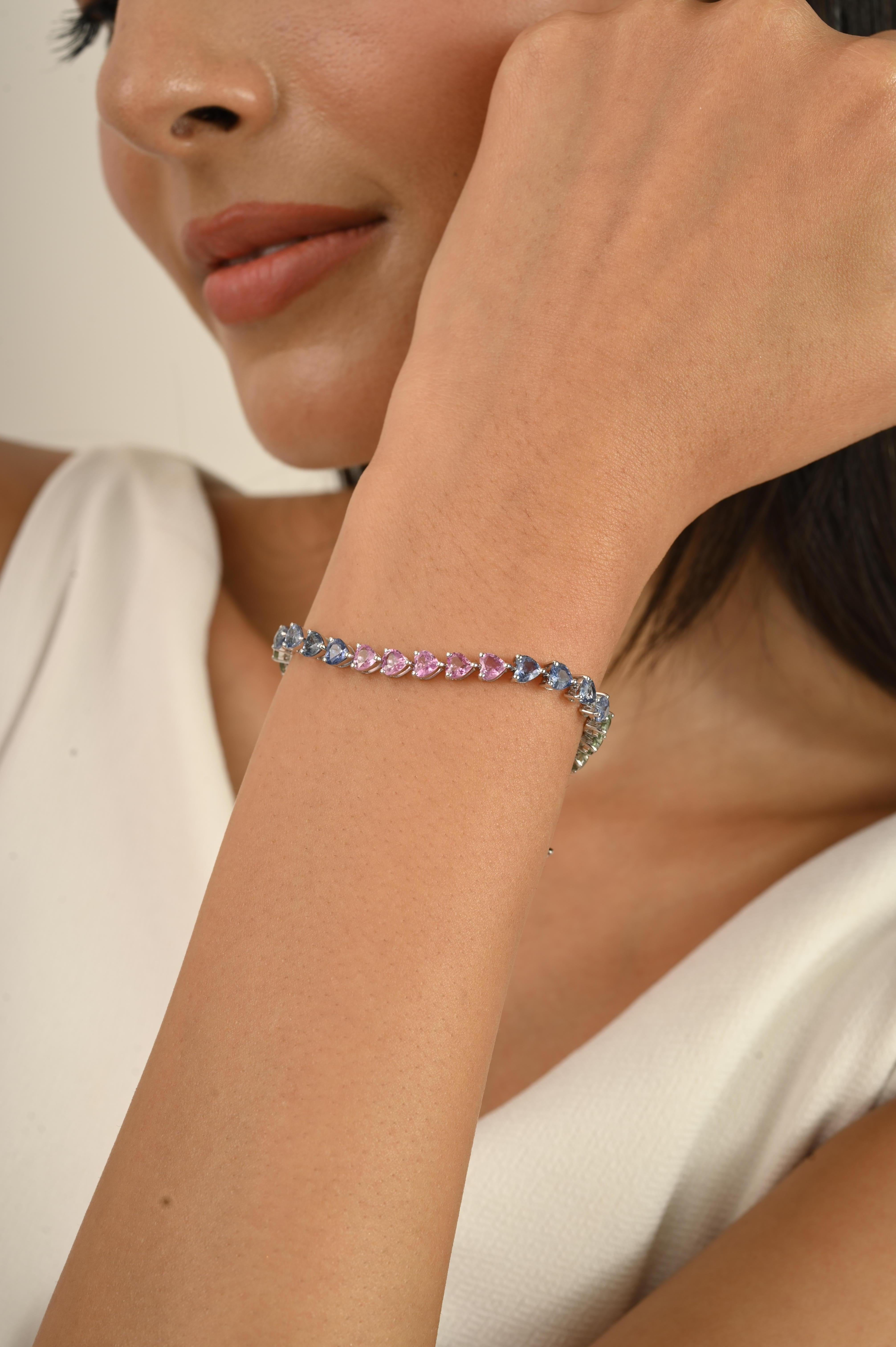 Donna Bracciale tennis in oro bianco 14k certificato 11,33 CTW con cuore e zaffiri multipli per lei in vendita