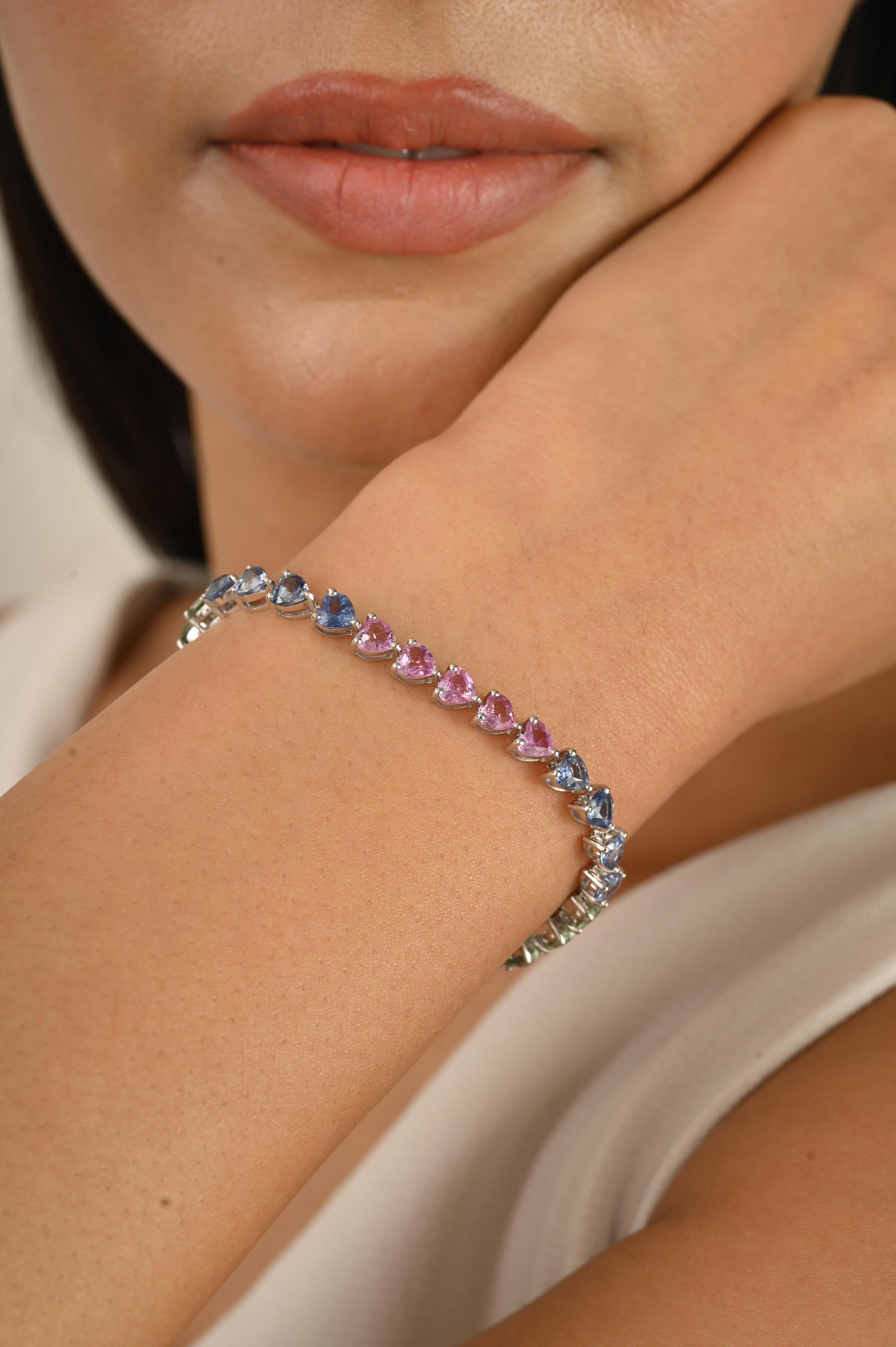 Bracciale tennis in oro bianco 14k certificato 11,33 CTW con cuore e zaffiri multipli per lei in vendita 2