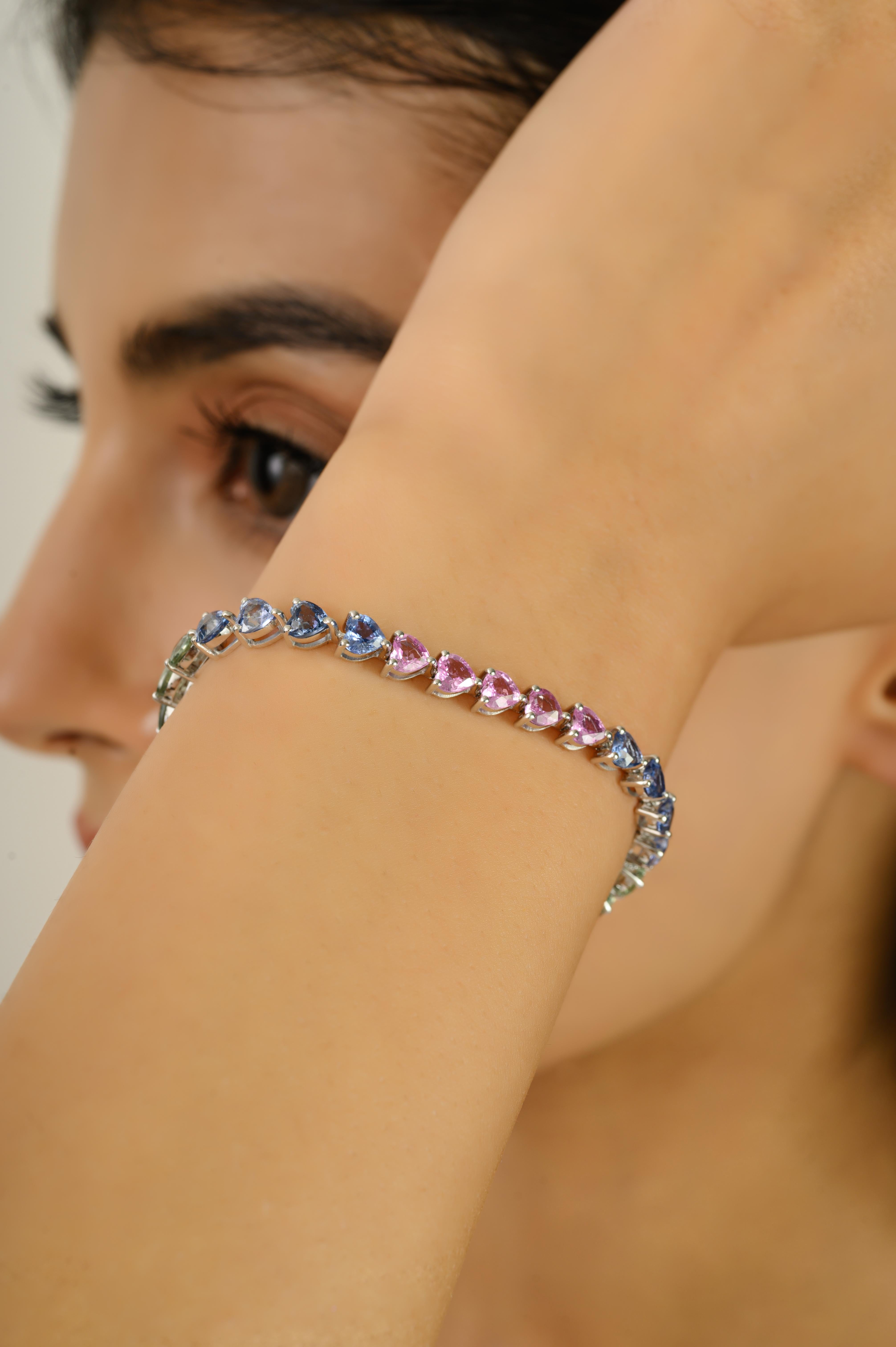 Women's VR Jewels 14k White Gold Certified 11.33CTW Heart Multi Sapphire Tennis Bracelet For Sale