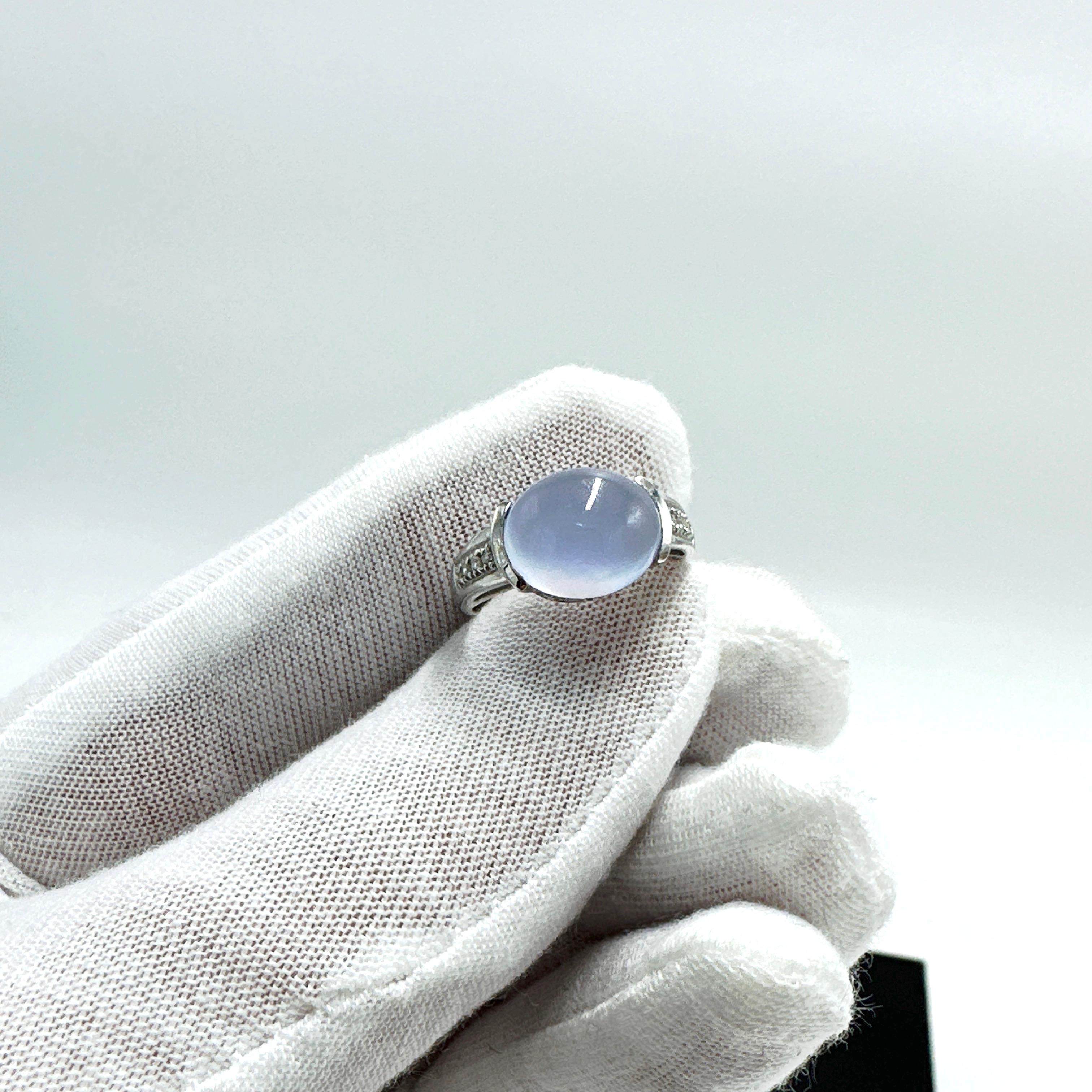 Cabochon 14k White Gold Chalcedony and Diamond Ring. 6.03TCW