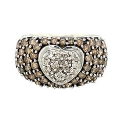 14k White Gold Champagne and White Diamond Heart Dome Ring