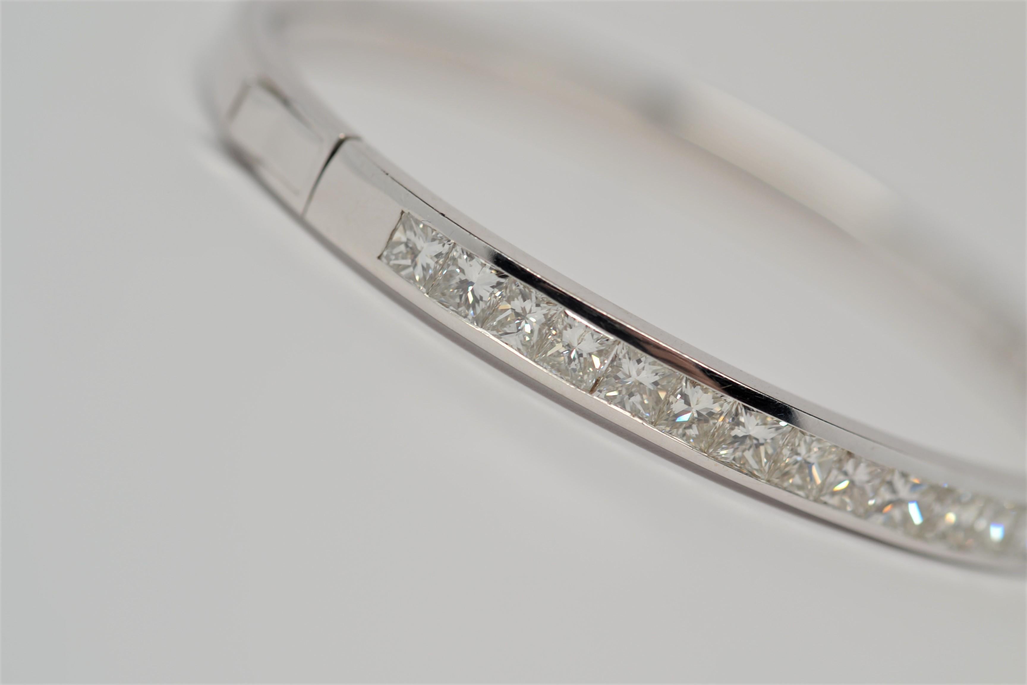 Women's 14k White Gold Channel Set Bangle with Princess Cut Diamonds, 6.25 Carats For Sale