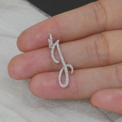 14K White Gold Charm Natural Diamond Cursive Script Initial J Letter Pendant