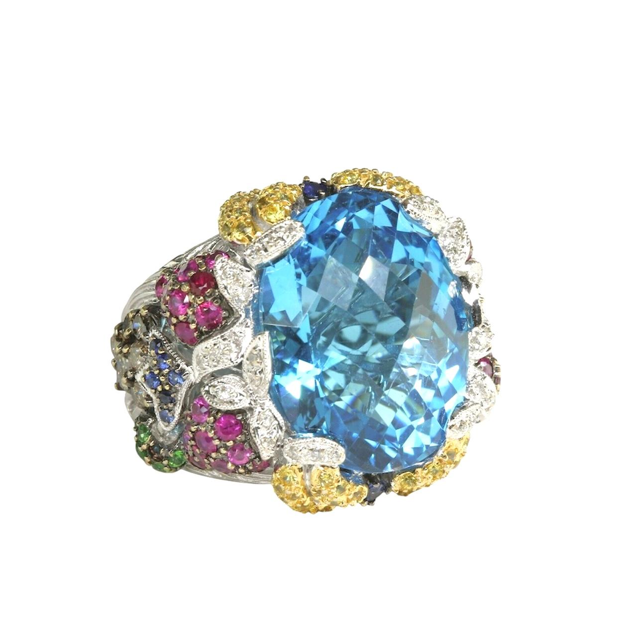 Bague en or blanc 14 carats, topaze bleue taille damier, multi-gemmes et diamants en vente 3