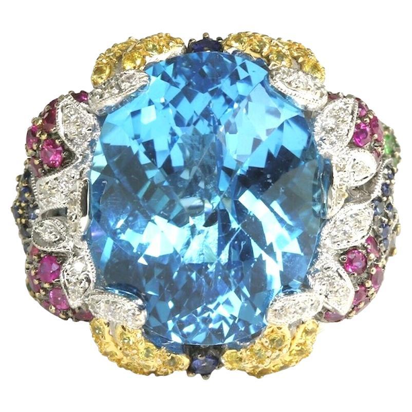 14K White Gold Checkerboard Cut Blue Topaz and Multi Gem and Diamond Ring