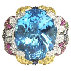 14K White Gold Checkerboard Cut Blue Topaz and Multi Gem and Diamond Ring