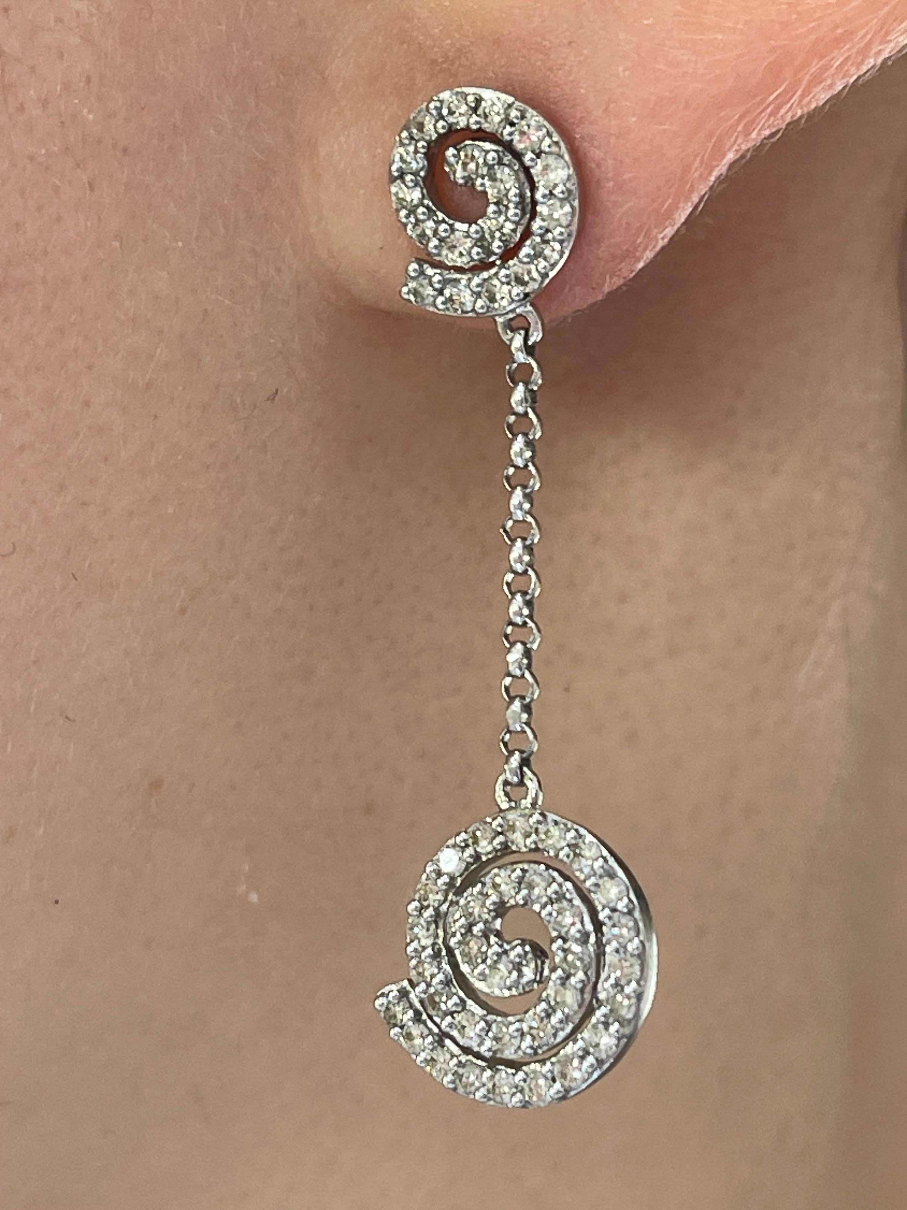 Women's 14K White Gold Circle Swirl 1.06 CTW Diamond Drop Earrings For Sale