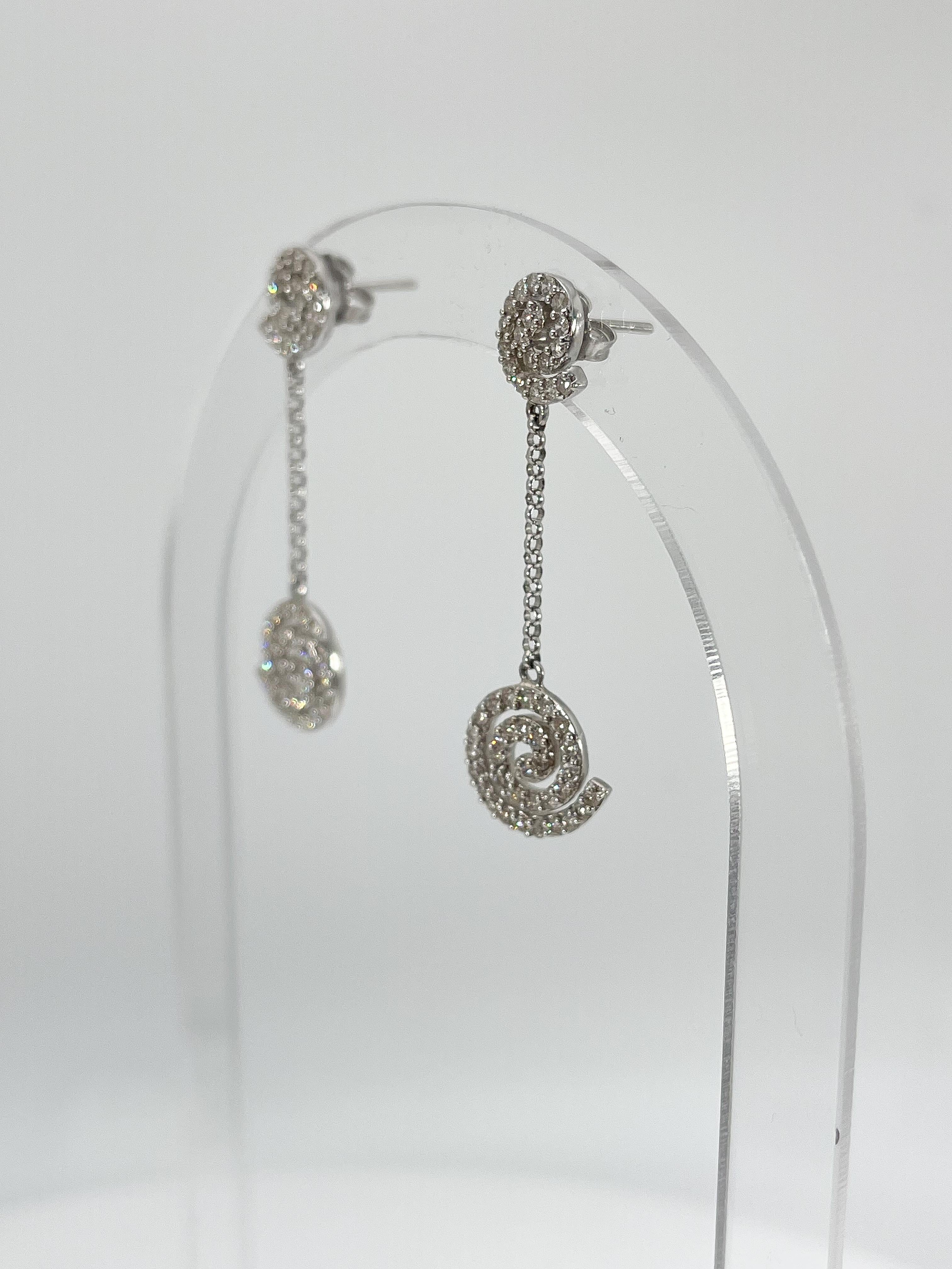 14K White Gold Circle Swirl 1.06 CTW Diamond Drop Earrings In Excellent Condition For Sale In Stuart, FL