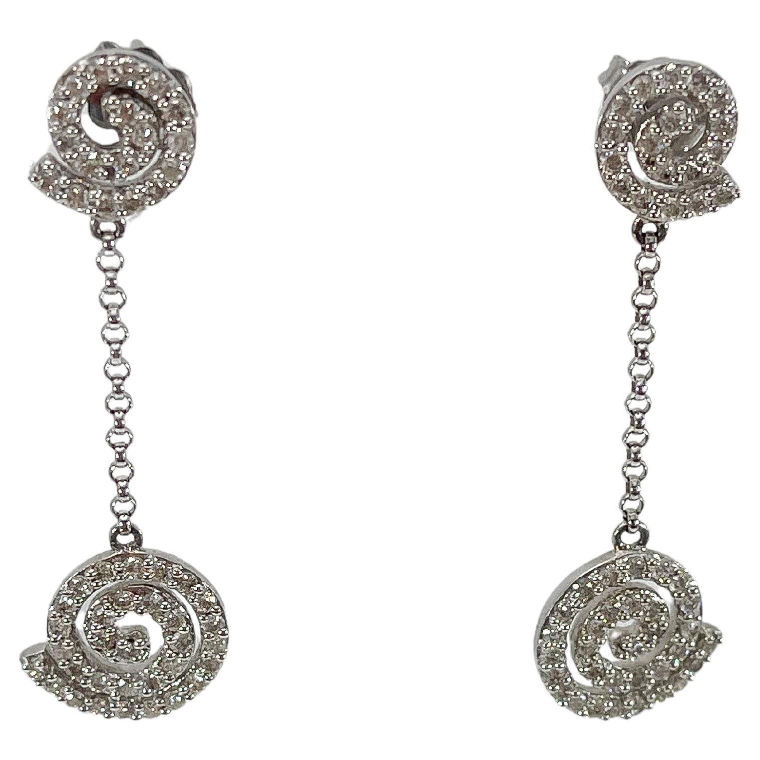 14K White Gold Circle Swirl 1.06 CTW Diamond Drop Earrings For Sale
