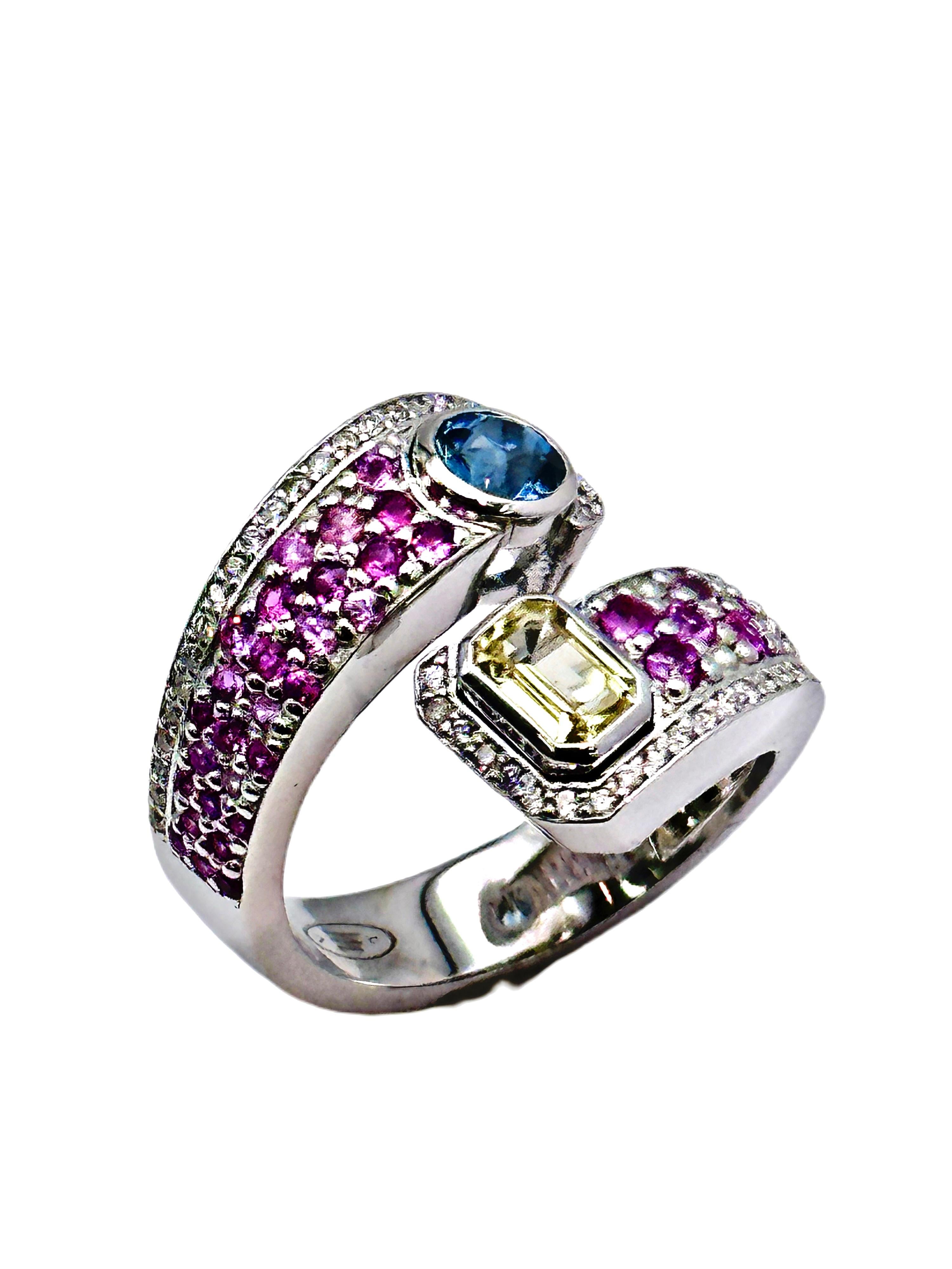 For Sale:  14K White Gold Citrine and Blue Topaz Dual Cut Bypass Ring 3