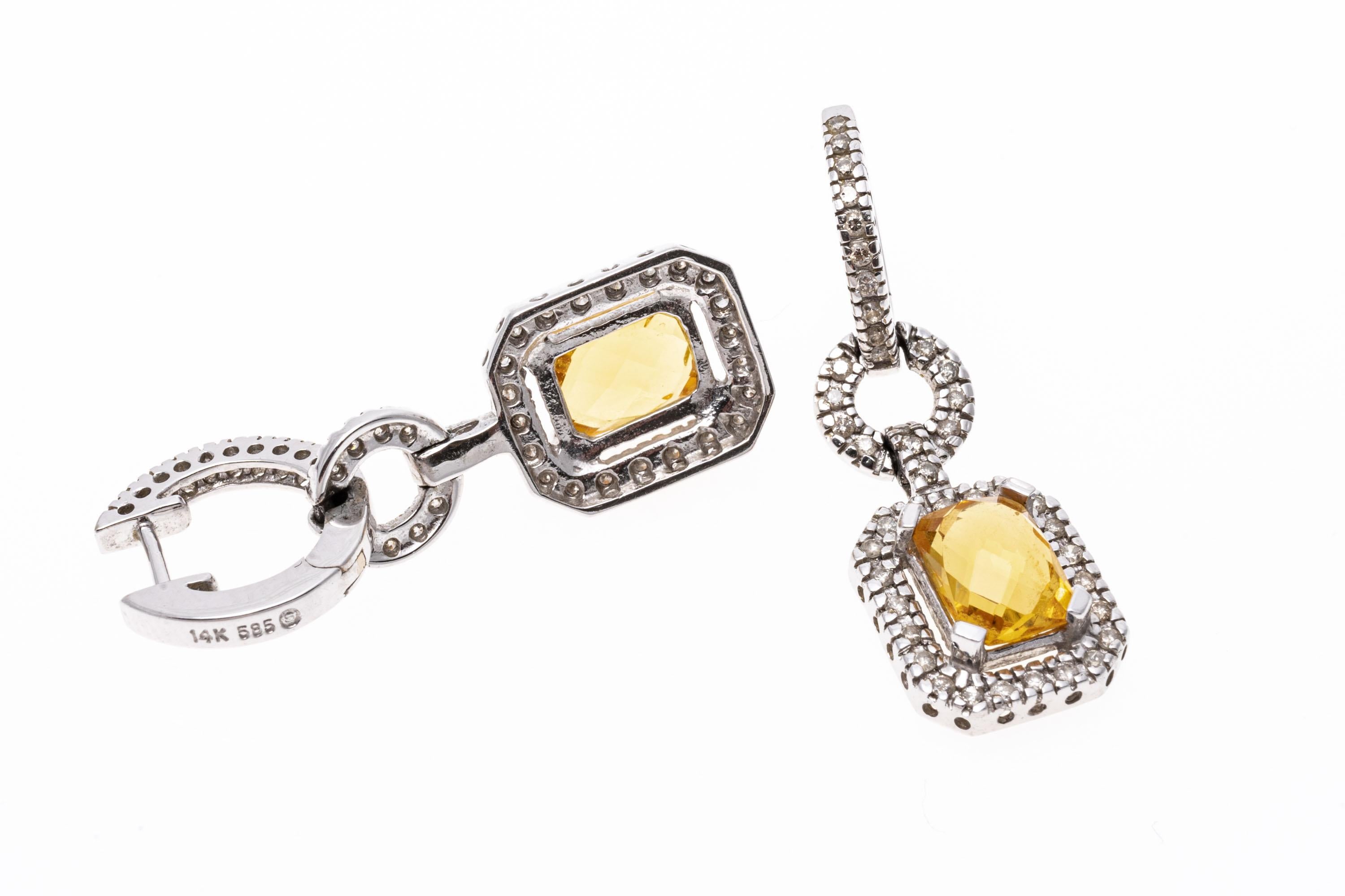 Contemporary 14K White Gold, Citrine and Diamond Halo Drop Earrings, App. 0.35 TCW For Sale