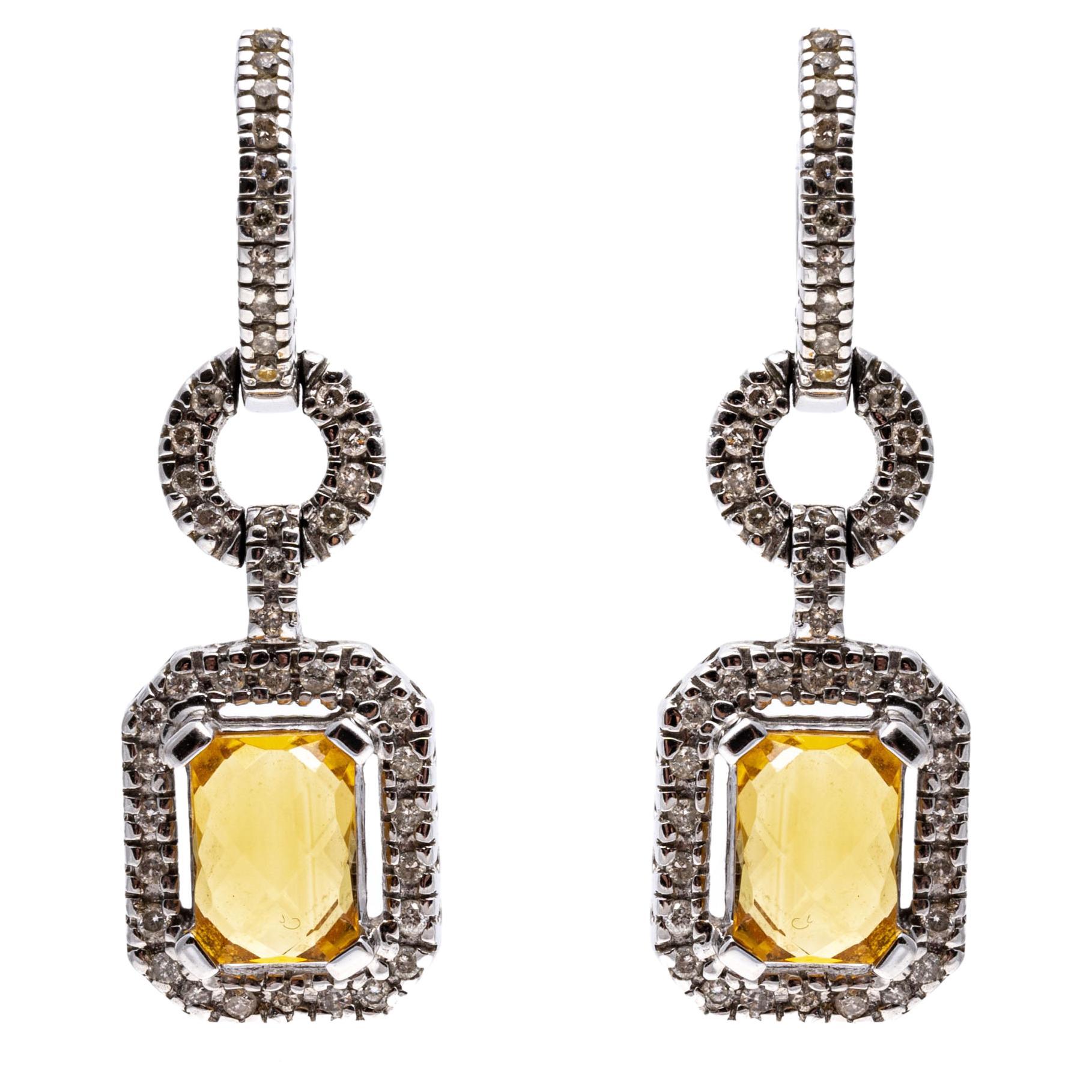 Boucles d'oreilles en goutte en or blanc 14 carats, citrine et diamants, avec halo d'environ 0,35 carat