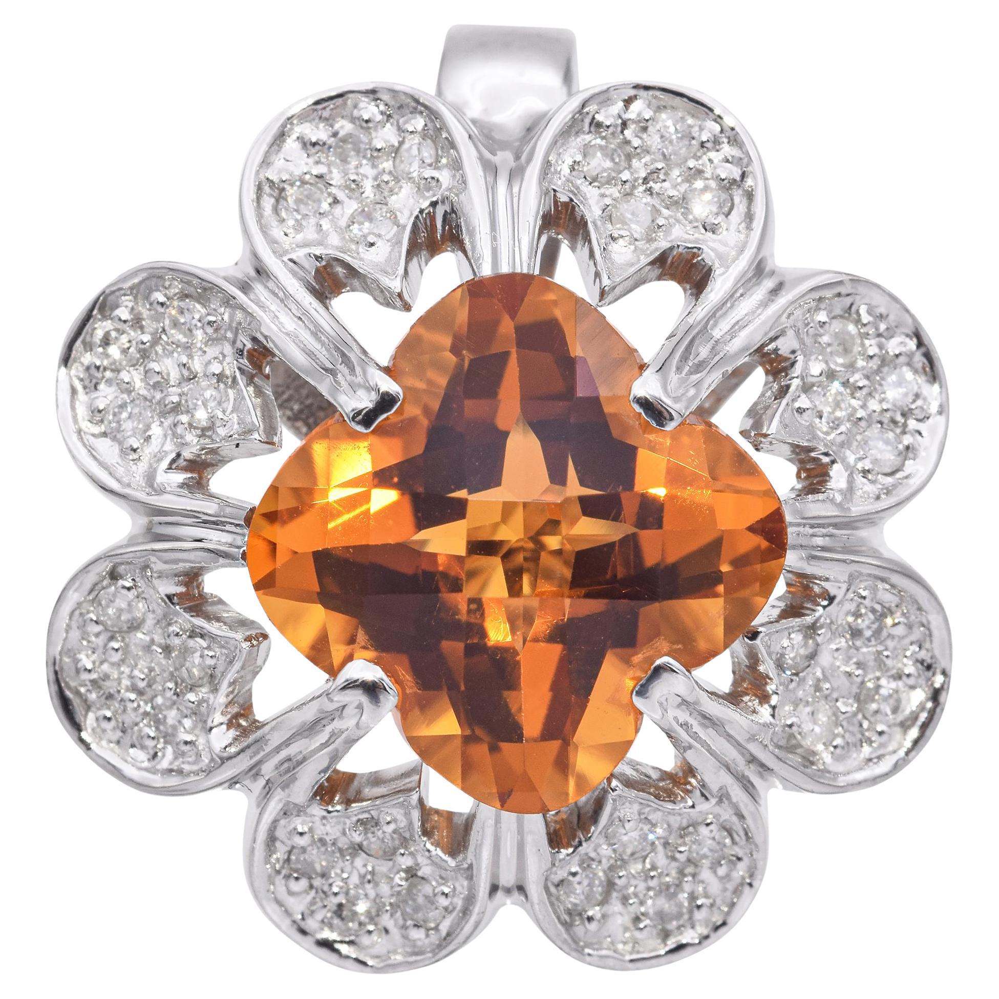 14k White Gold Citrine and Diamond Flower Pendant