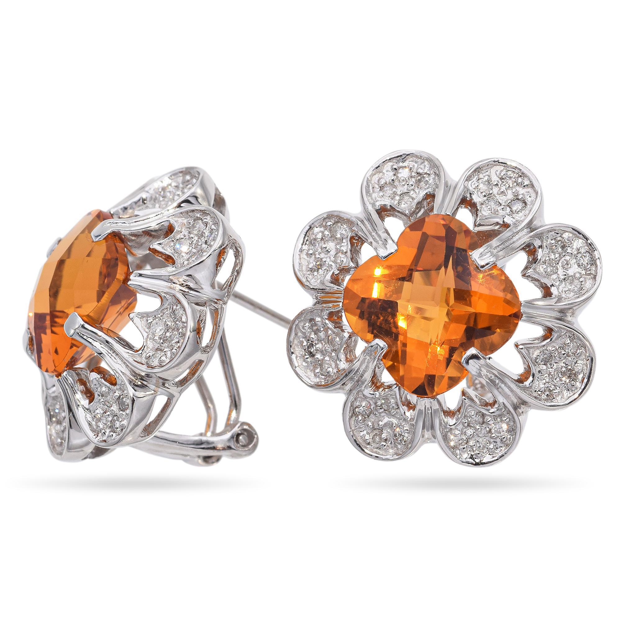 Taglio cuscino Orecchini pendenti a fiore in oro bianco 14k con citrino e diamanti in vendita