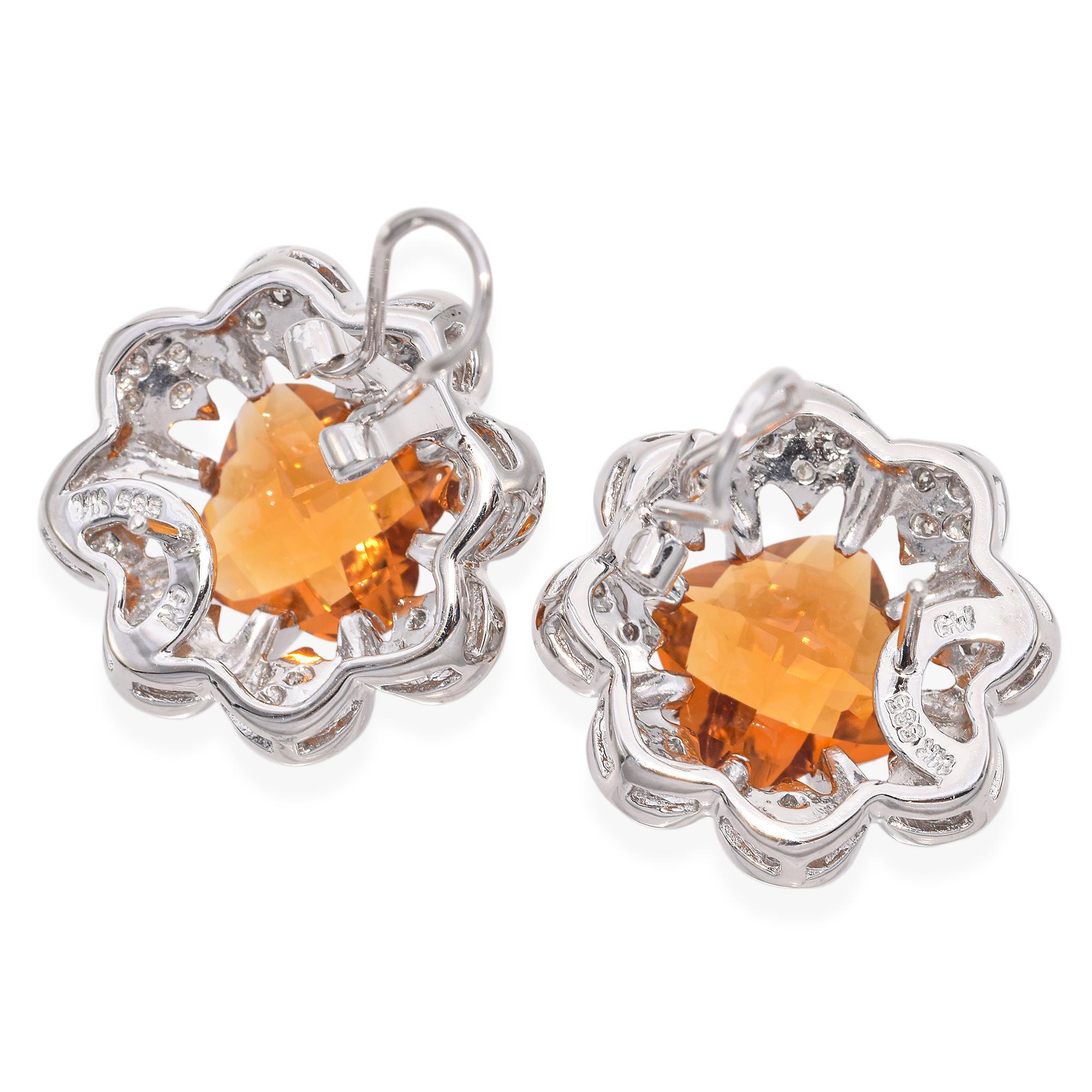 Orecchini pendenti a fiore in oro bianco 14k con citrino e diamanti In condizioni buone in vendita a New York, NY