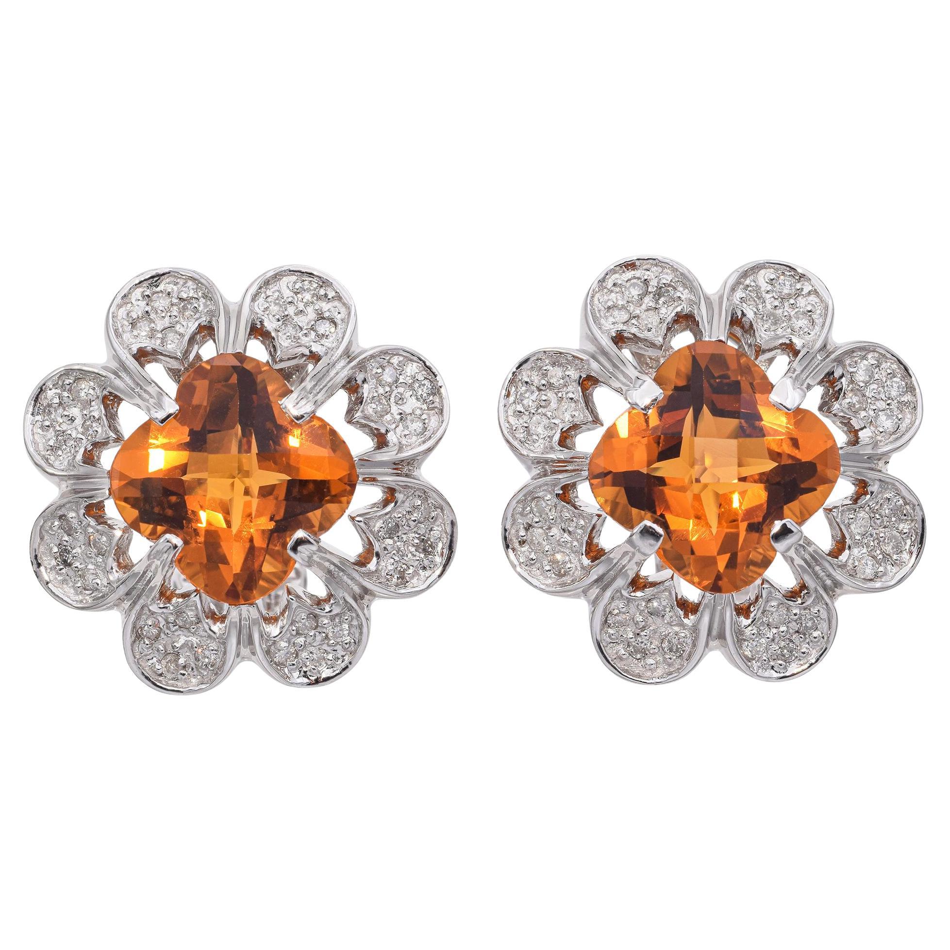 14k White Gold Citrine and Diamond Flower Statement Earrings