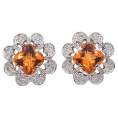 14k White Gold Citrine and Diamond Flower Statement Earrings