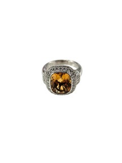 14K White Gold Citrine and Diamond Halo Ring Size 7.5 Certified #25025
