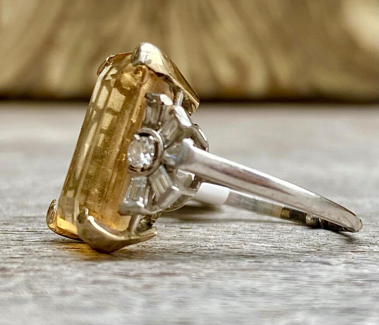 Modern 14K White Gold Citrine Diamond Baguettes Ring