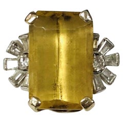14K White Gold Citrine Diamond Baguettes Ring