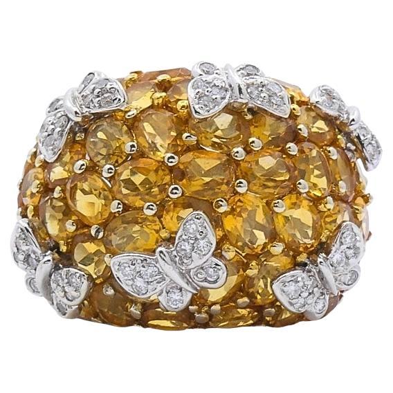 14k White Gold Citrine Diamond Butterfly Dome Ring For Sale