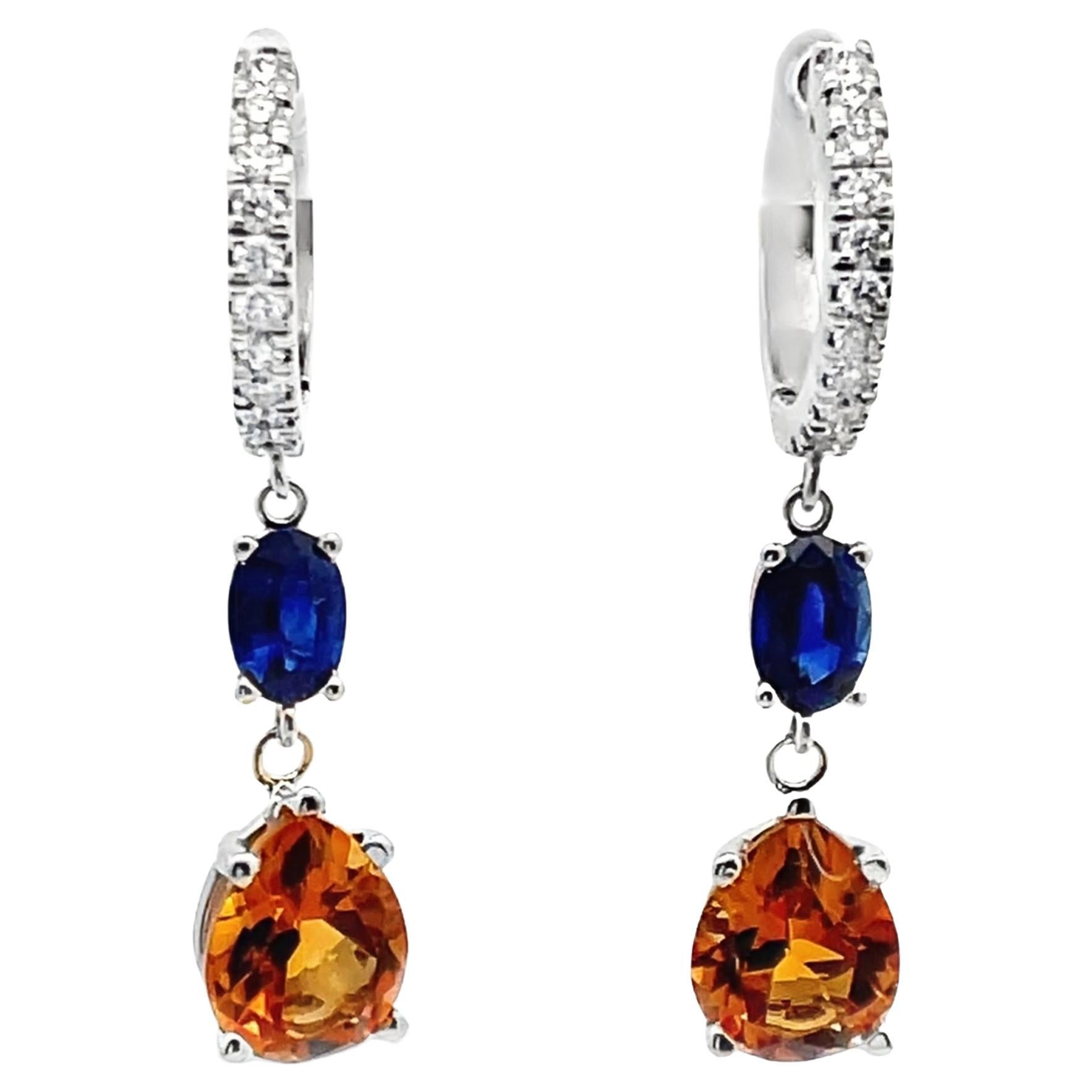14K White Gold Pear Shaped Citrine, Oval Sapphires, Round Diamond Drop Earrings