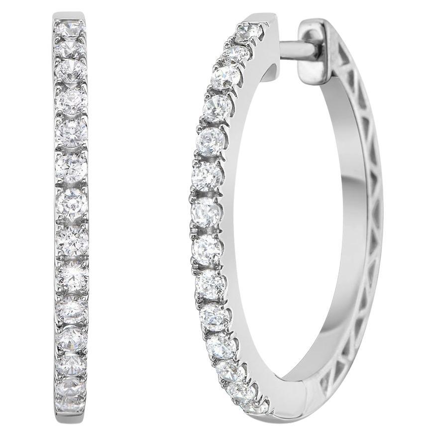14K White Gold Classic Diamond Hoop Earrings For Sale