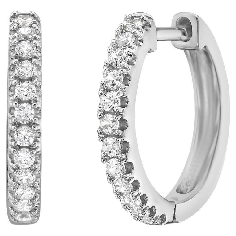 14K White Gold Classic Diamond Huggie Hoop Earrings For Sale