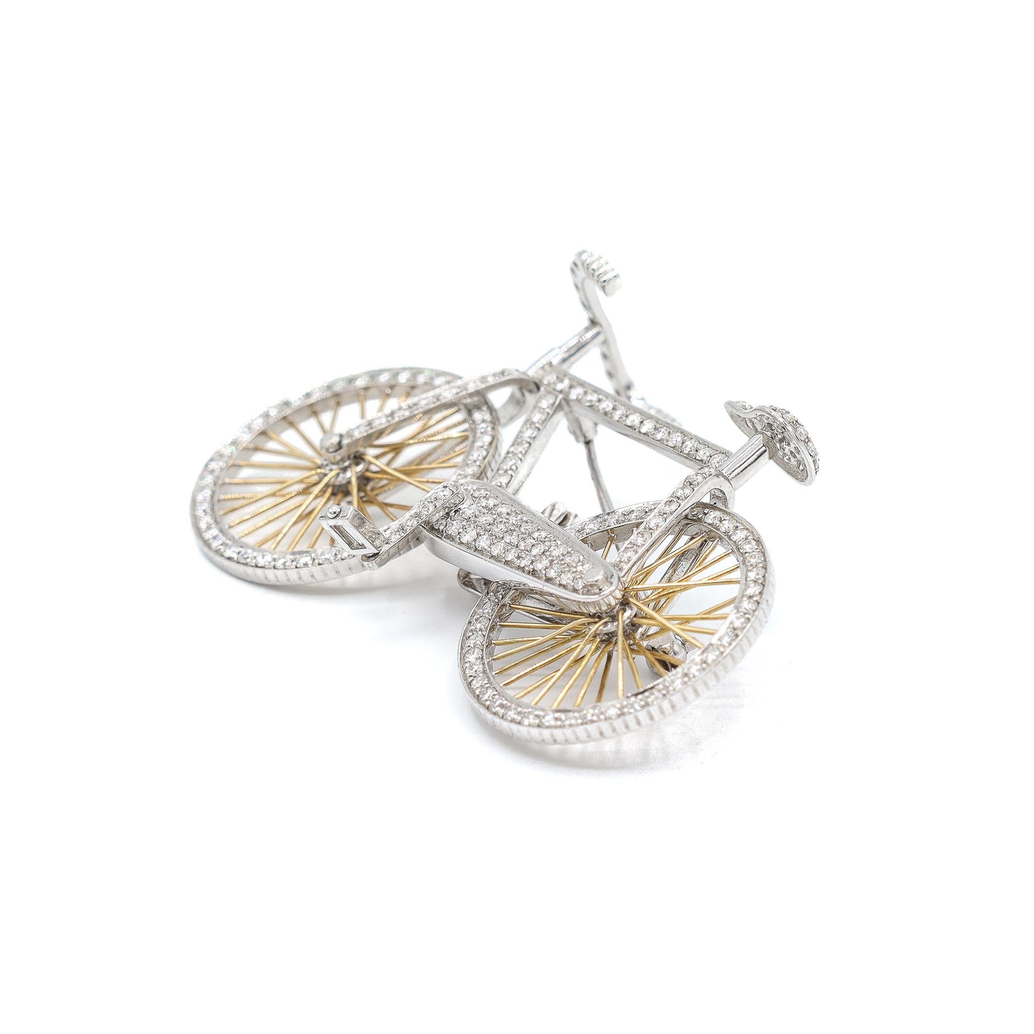 Round Cut 14K White Gold Cluster Diamond Bicycle Brooch For Sale