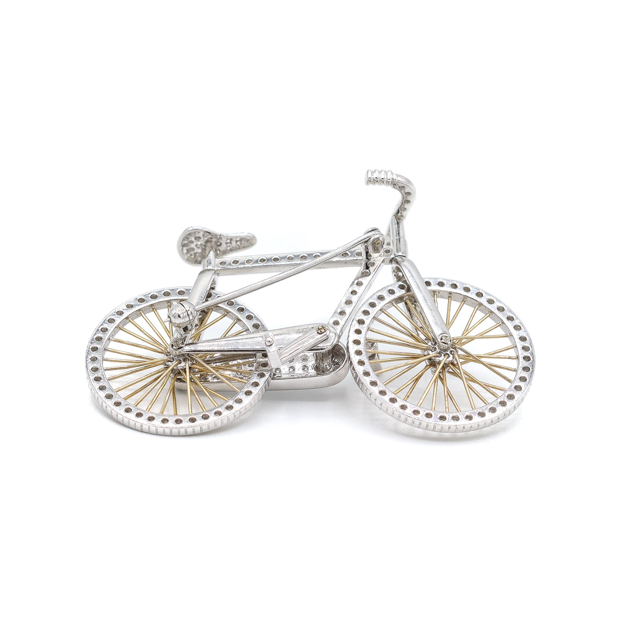 14K White Gold Cluster Diamond Bicycle Brooch In Excellent Condition For Sale In Houston, TX