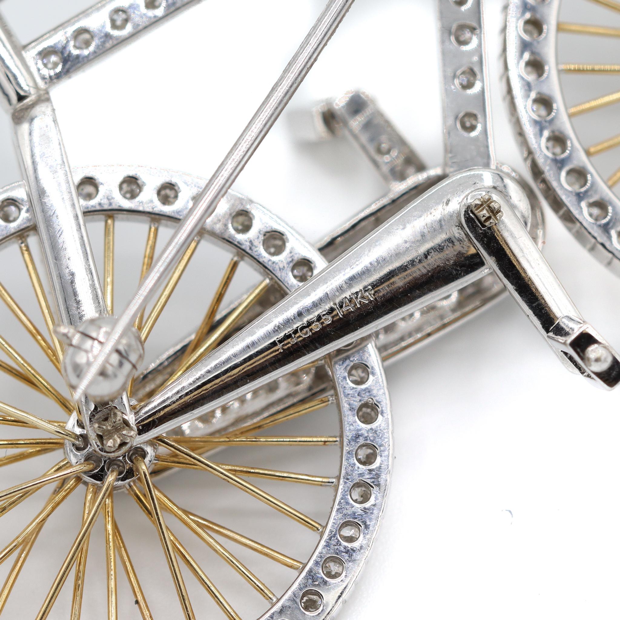 Women's or Men's 14K White Gold Cluster Diamond Bicycle Brooch For Sale