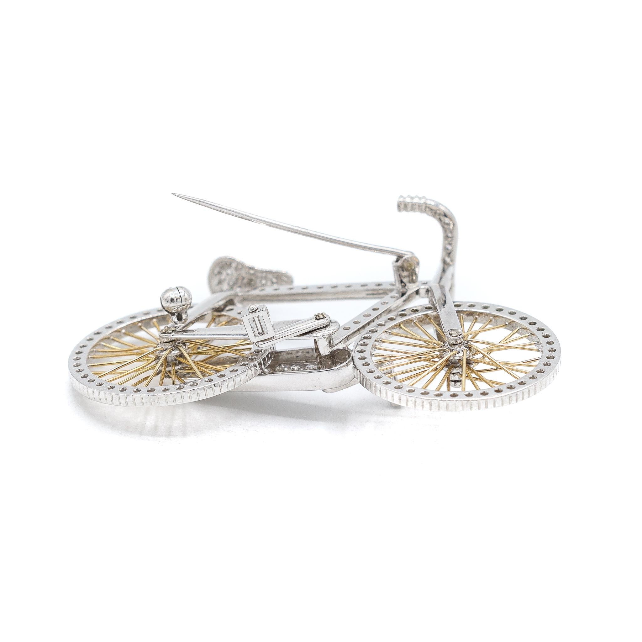14K White Gold Cluster Diamond Bicycle Brooch For Sale 1