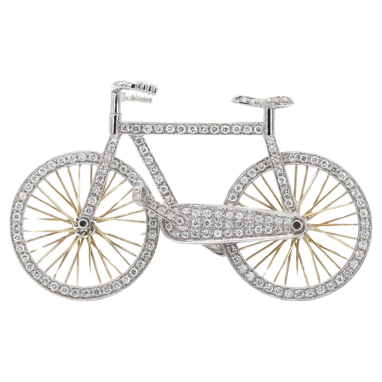 14K White Gold Cluster Diamond Bicycle Brooch For Sale