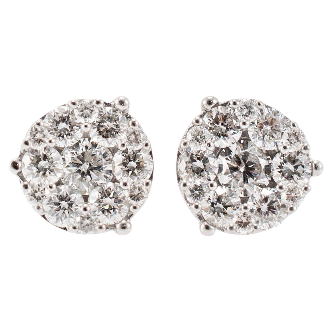 14K White Gold Cluster Halo Diamond Push Back Stud Earrings