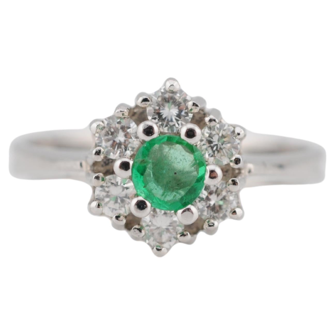 14k White Gold Cluster Ring with Emerald and Diamonds