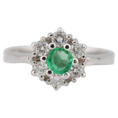 14k White Gold Cluster Ring with Emerald and Diamonds
