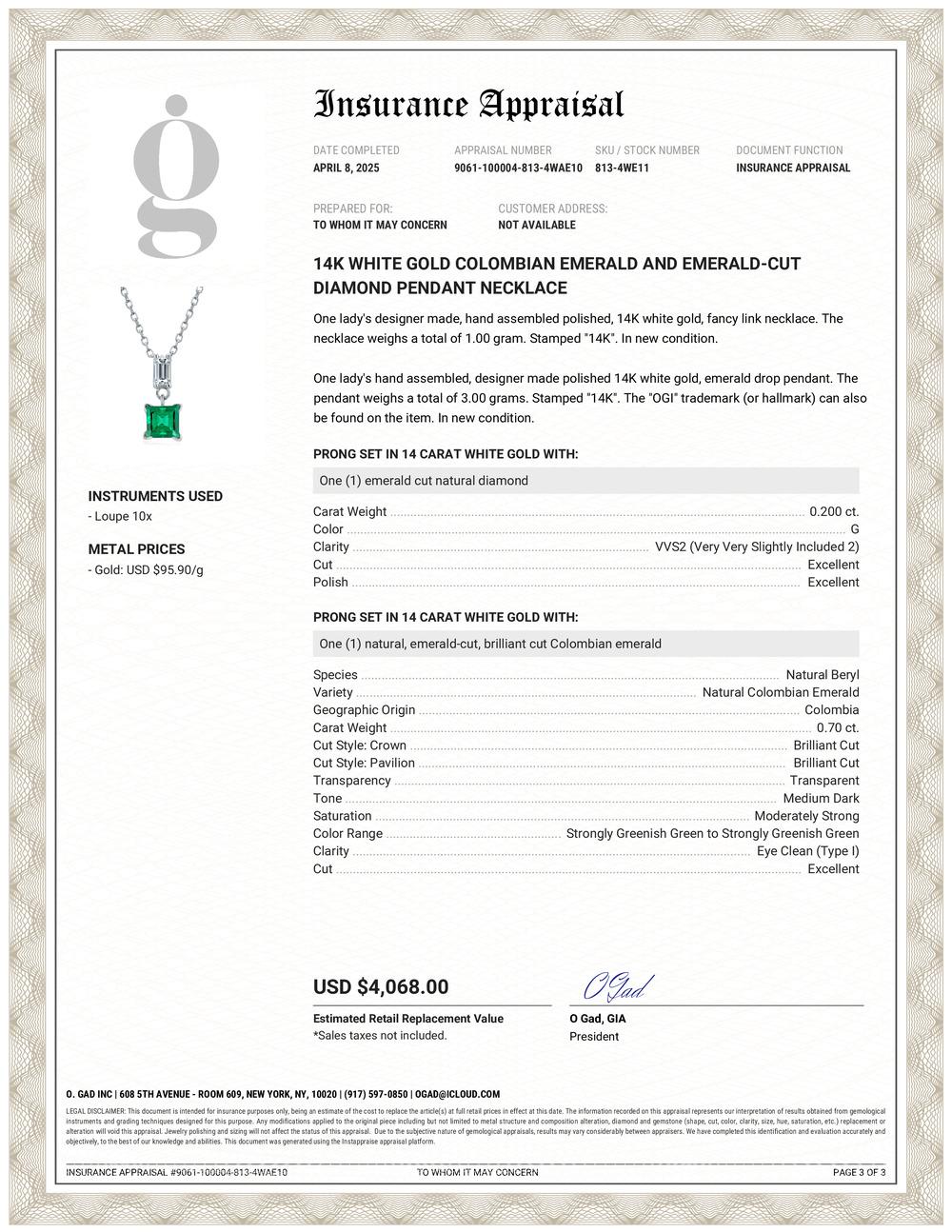 Contemporary 14K White Gold Colombian Emerald and Emerald-Cut Diamond Pendant Necklace For Sale