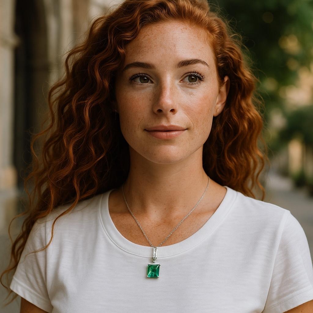 Emerald Cut 14K White Gold Colombian Emerald and Emerald-Cut Diamond Pendant Necklace For Sale