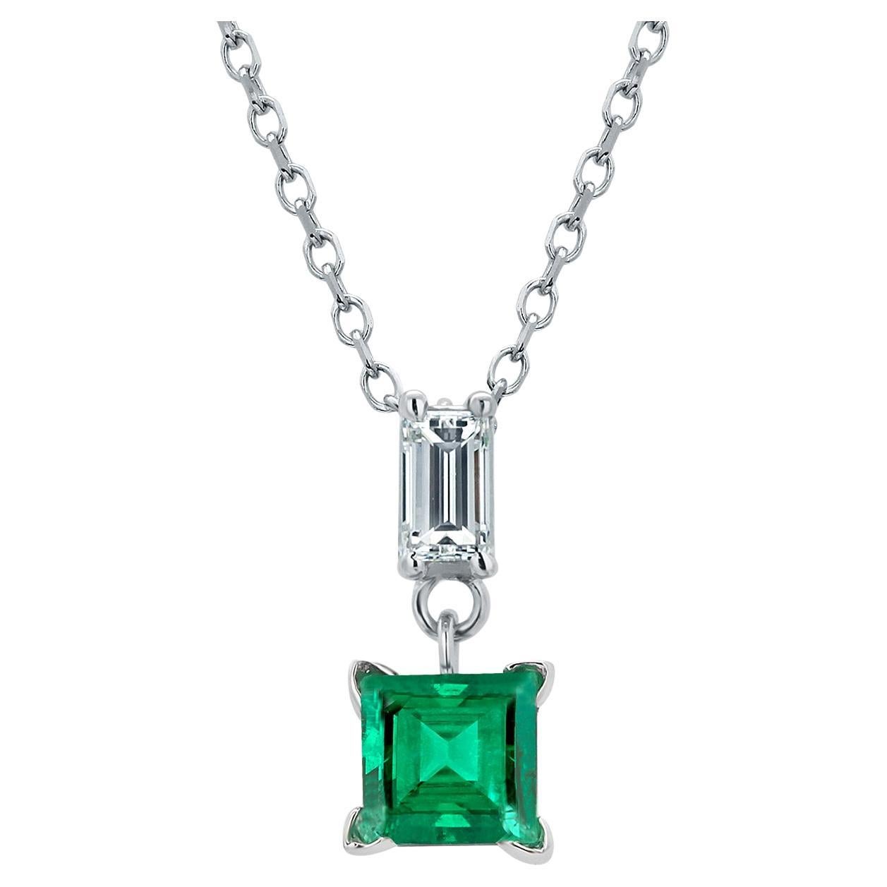 14K White Gold Colombian Emerald and Emerald-Cut Diamond Pendant Necklace