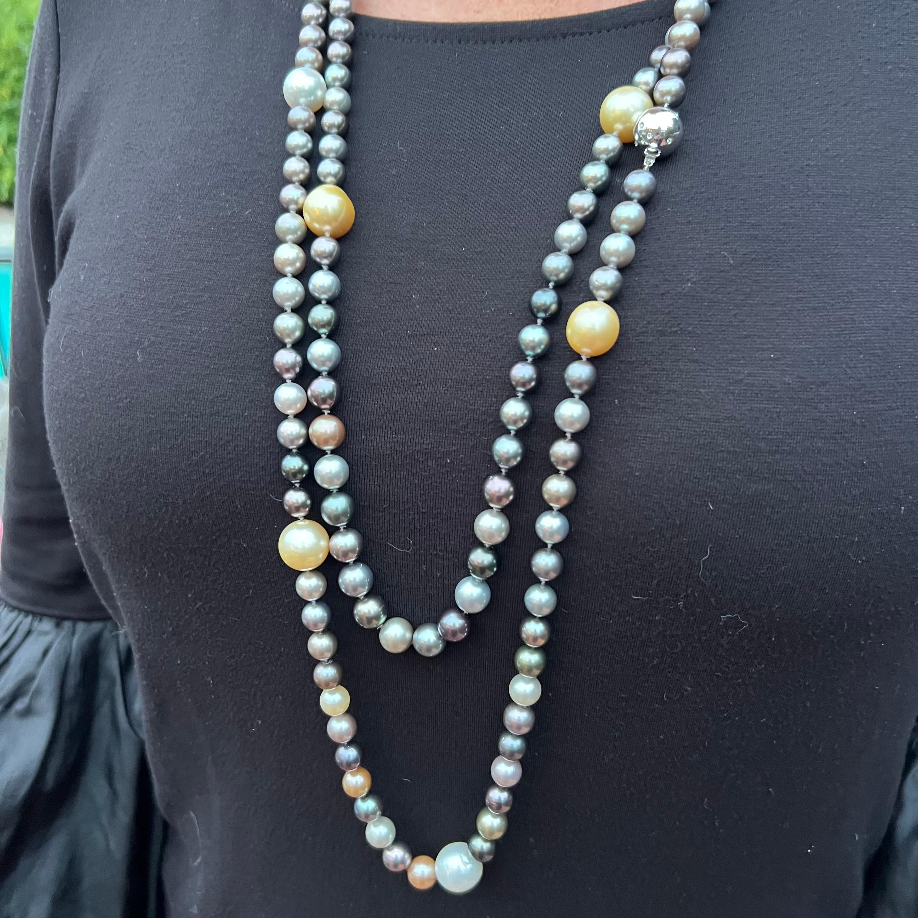 Women's 14k White Gold, Colored Cultured Pearl and Diamond Necklace For Sale