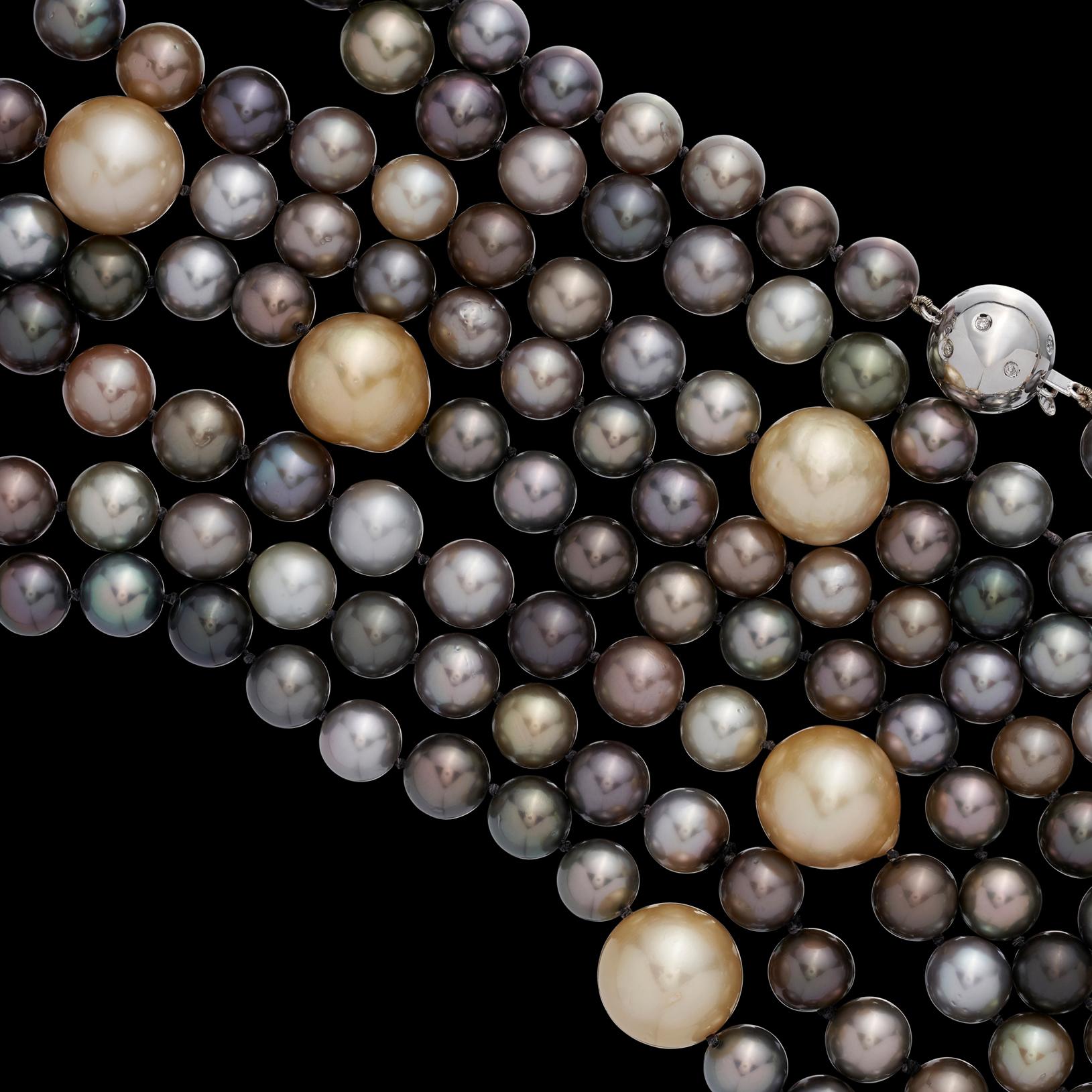 14k White Gold, Colored Cultured Pearl and Diamond Necklace For Sale 2