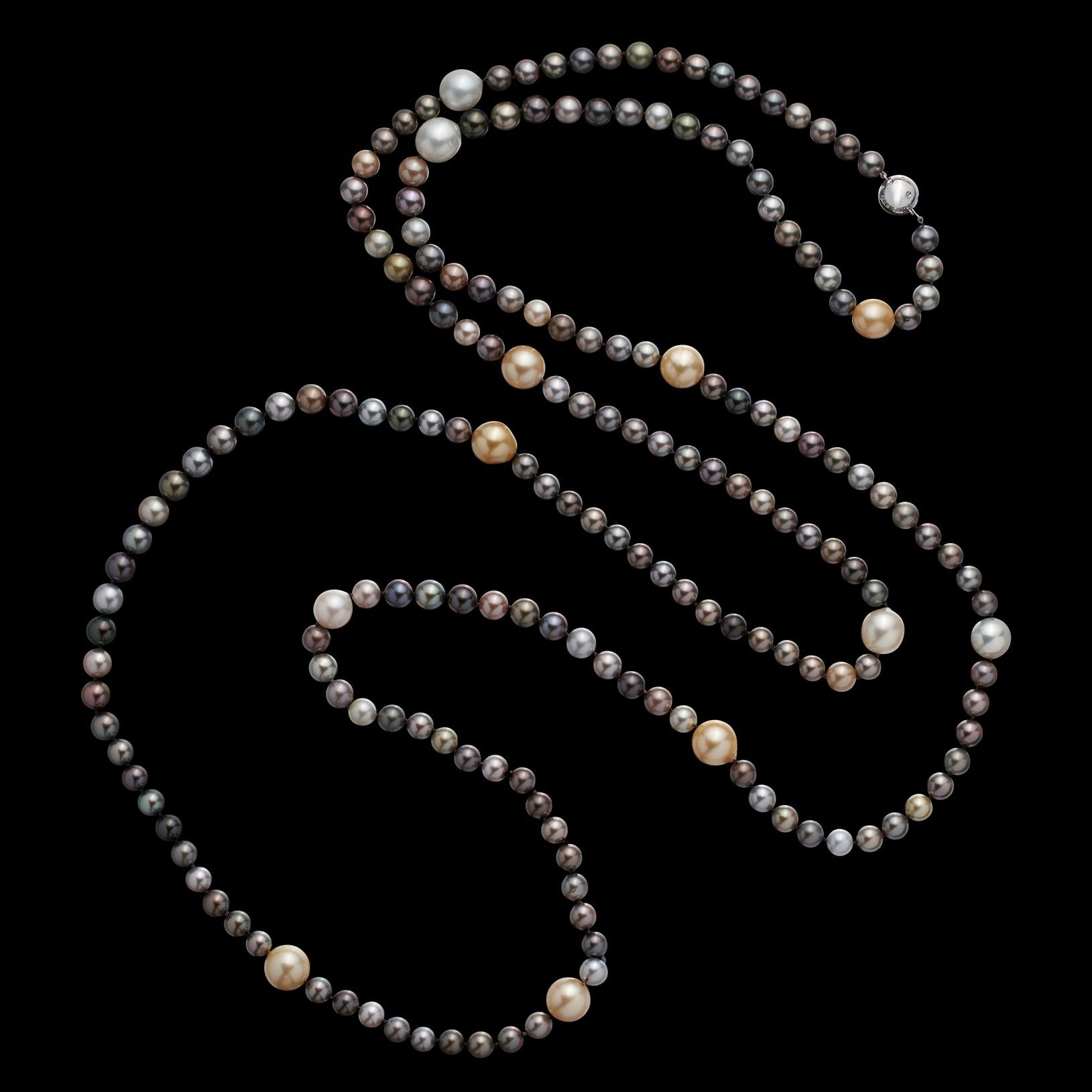 14k White Gold, Colored Cultured Pearl and Diamond Necklace For Sale 3
