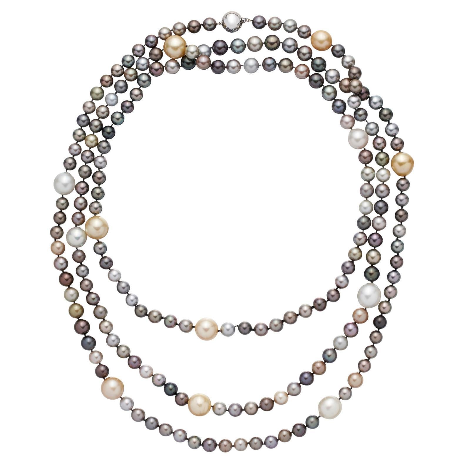 14k White Gold, Colored Cultured Pearl and Diamond Necklace
