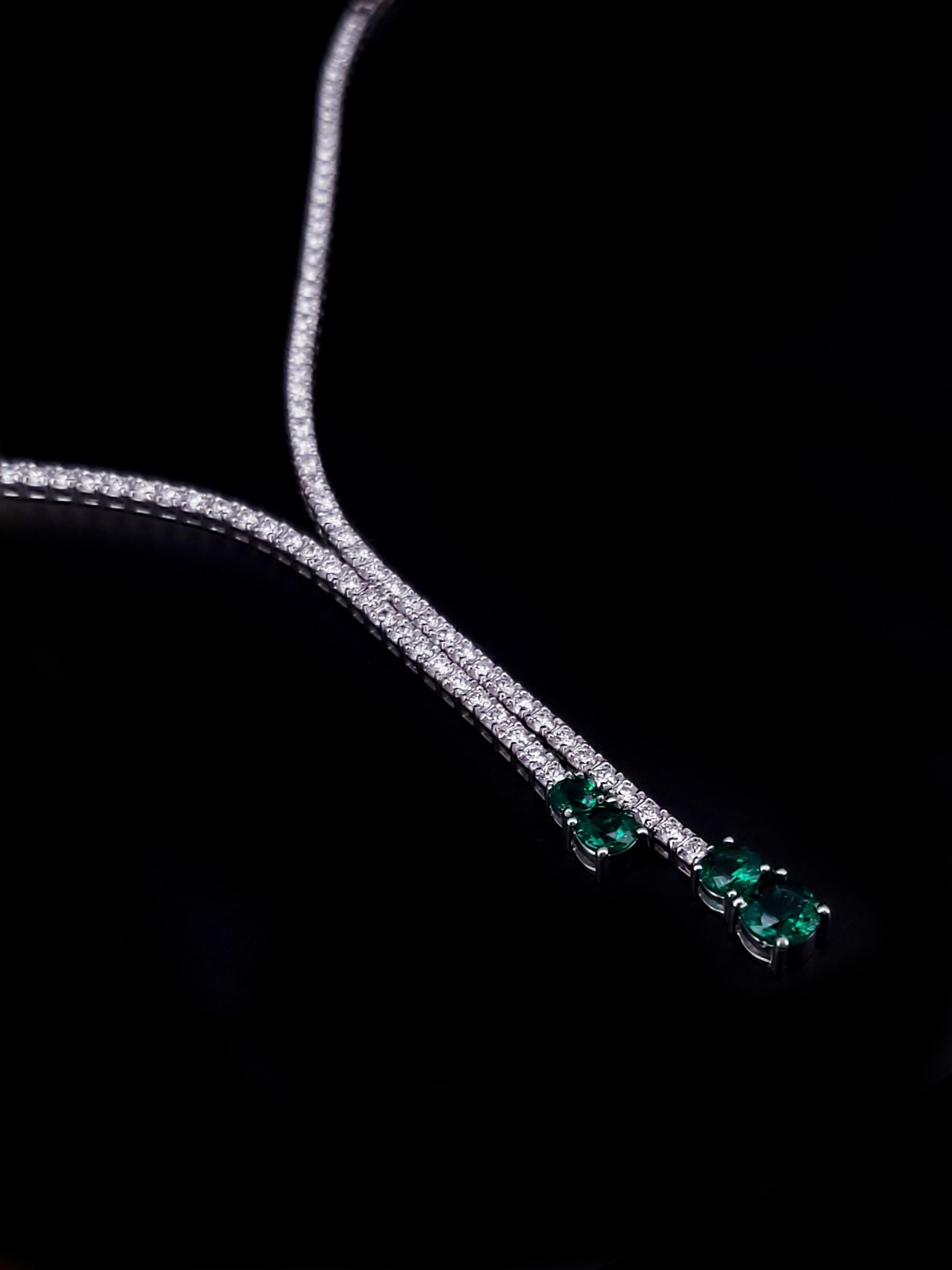 Round Cut 14k White Gold Columbian Emeralds with Diamonds Chain Necklace 20