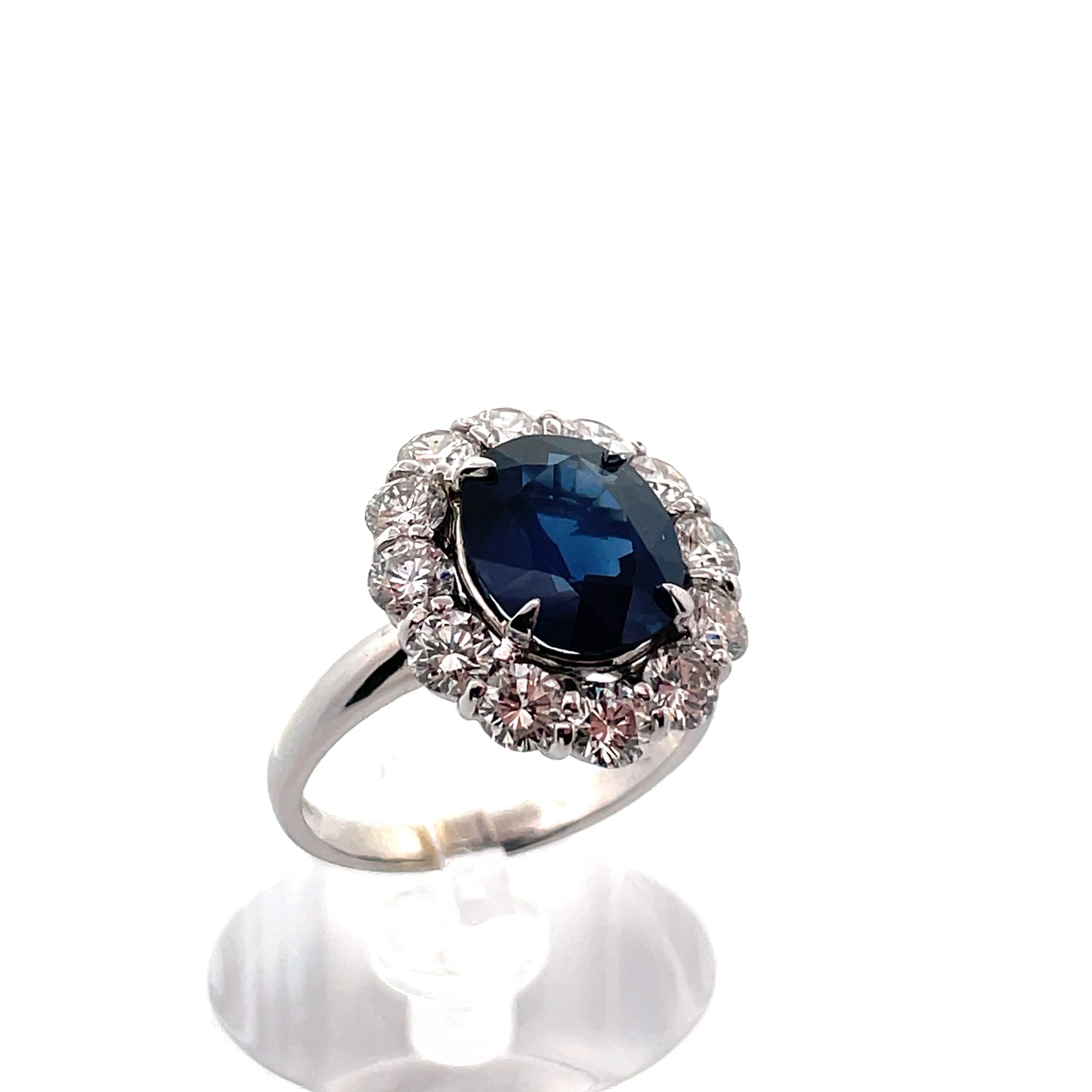 Oval Cut  14K White Gold Contemporary Lady Di Ring Blue Sapphire and Diamond  For Sale