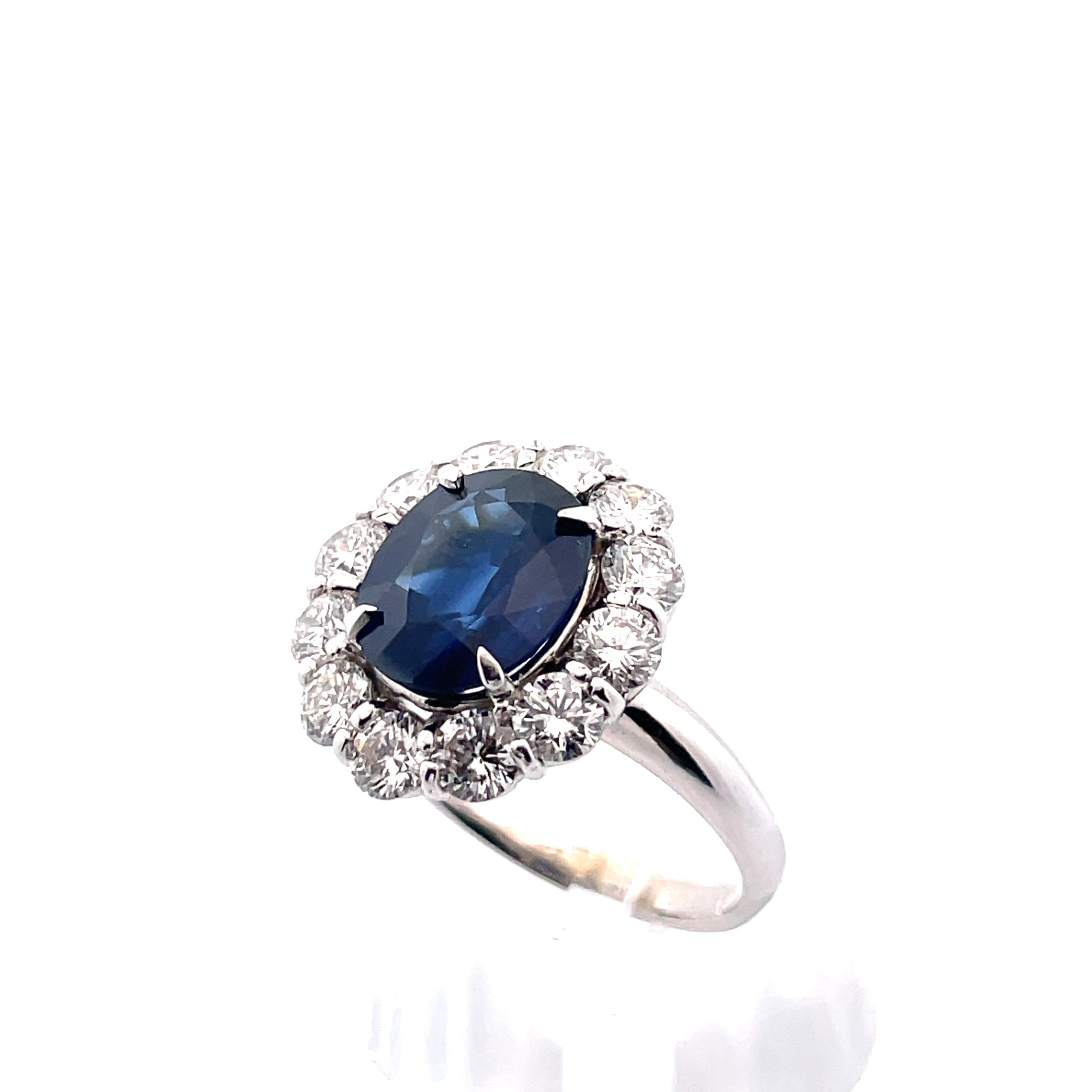  14K White Gold Contemporary Lady Di Ring Blue Sapphire and Diamond  For Sale 3
