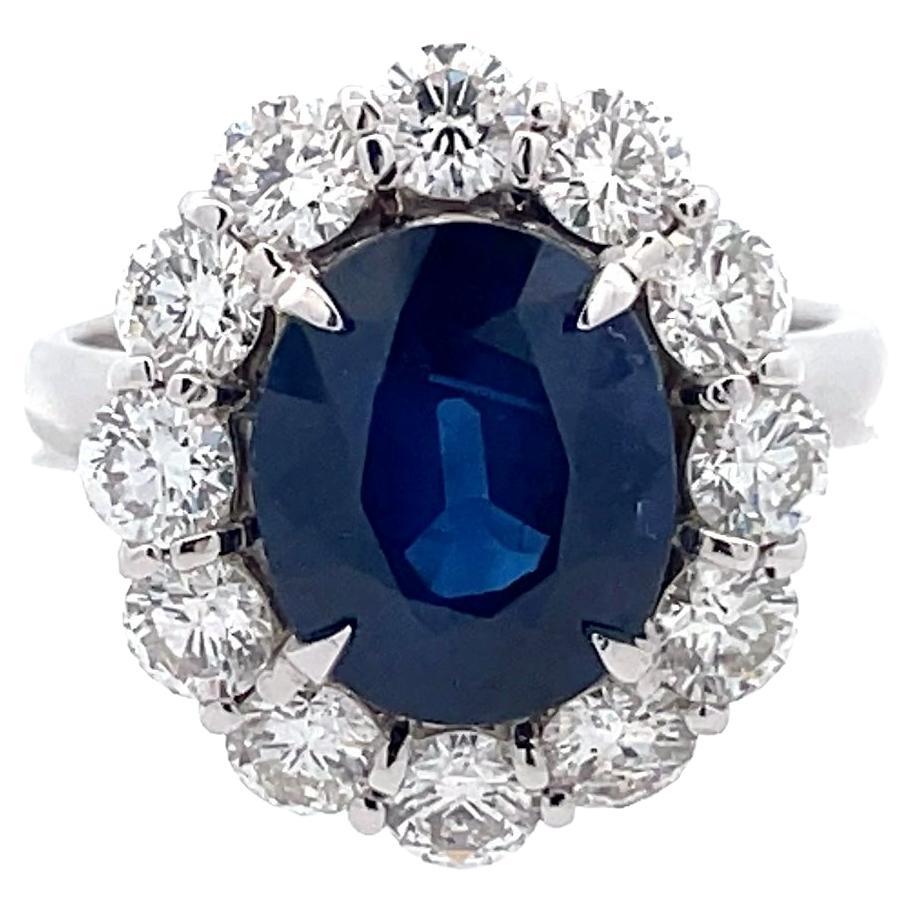 14K White Gold Contemporary Lady Di Ring Blue Sapphire and Diamond  For Sale