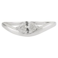 14K White Gold Contemporary Marquise Cut Diamond Solitaire Ring Wave Band
